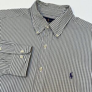 Ralph Lauren Shirt Mens 16.5 32-33 White Black Stripe Purple Pony Button Up FLAW